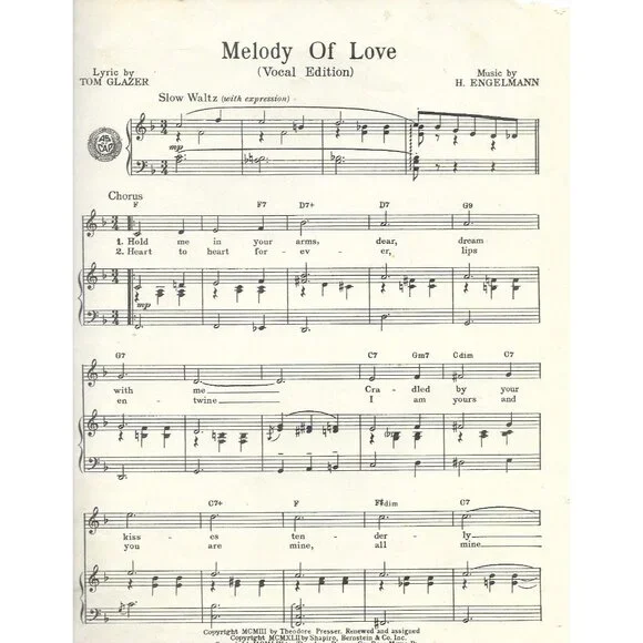 Melody of Love Sheet Music 1954 Tom Glazer Shapiro Bernstein Vintage - Picture 3 of 3
